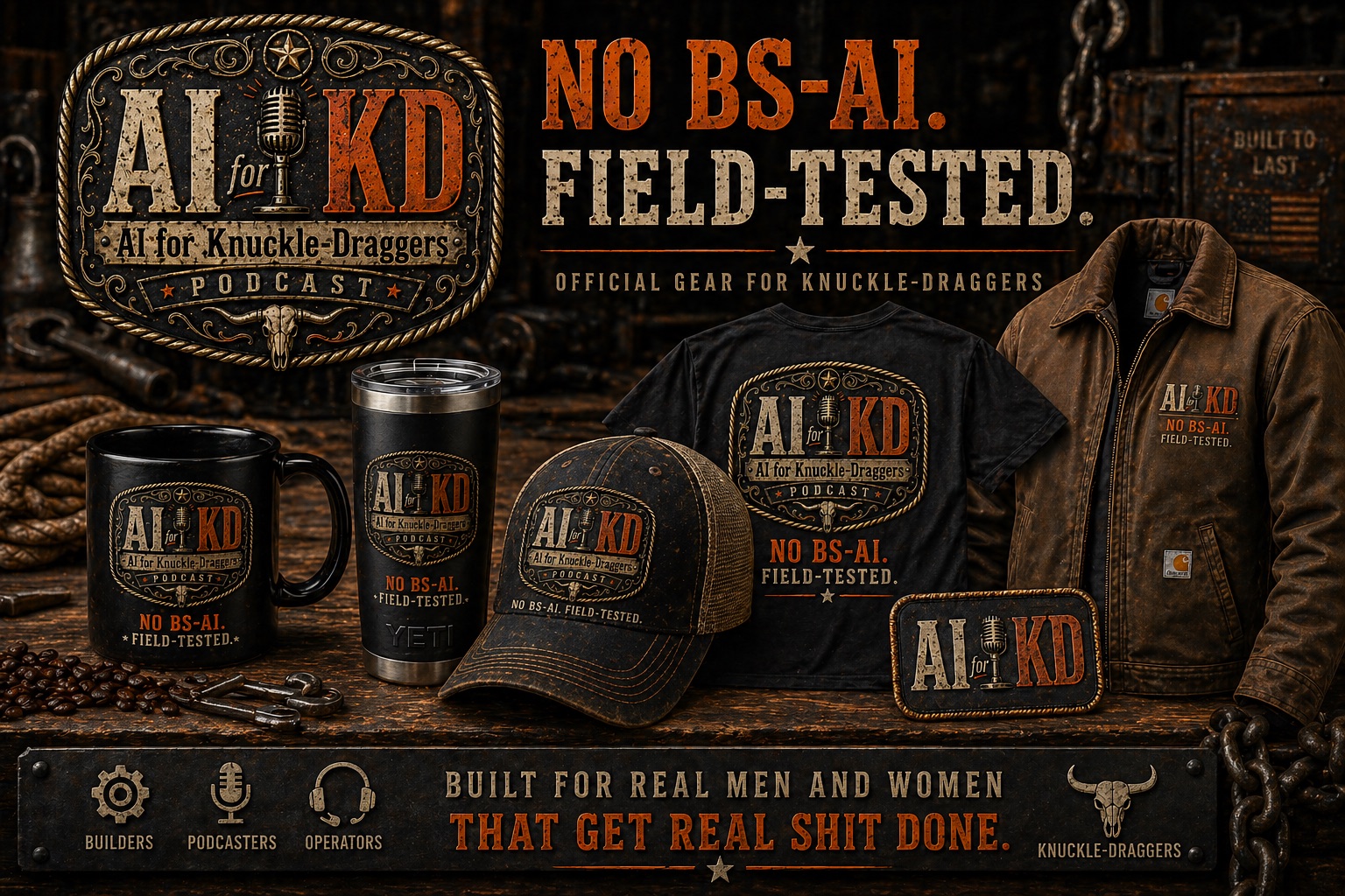 AI for Knuckle-Draggers mugs, tumbler, cap, shirt, patch, and jacket concept